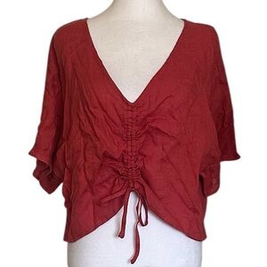 NWT LINTICO Women’s Top Red 100% Linen Cropped Ruched V-Neck Blouse Large